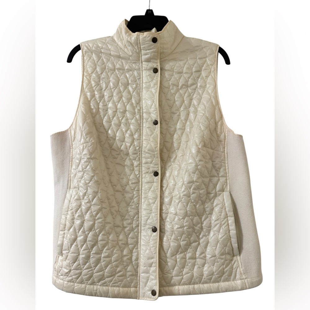 Talbots Quilted Vest Womens 1X Ivory Snap Front Zip Knit Side Panels Lightweight